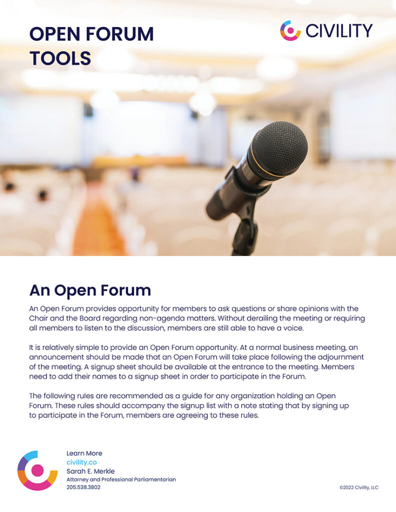 Large microphone setup for meeting room; verbiage on how open meeting forum